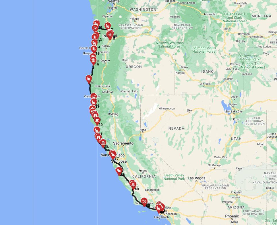 Map for Portland to Los Angeles - Pacific Dreams to Hollywood Scenes